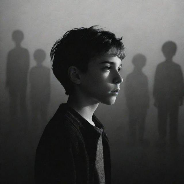 A melancholic boy looking into the distance, with shadowy figures representing his friends in the background.