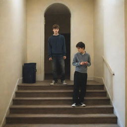 A college boy standing at the top of a staircase, missing his friends, with shadowy figures of his friends standing behind him.