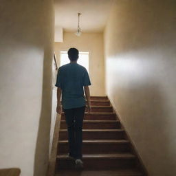 A college boy standing at the top of a staircase, missing his friends, with shadowy figures of his friends standing behind him.