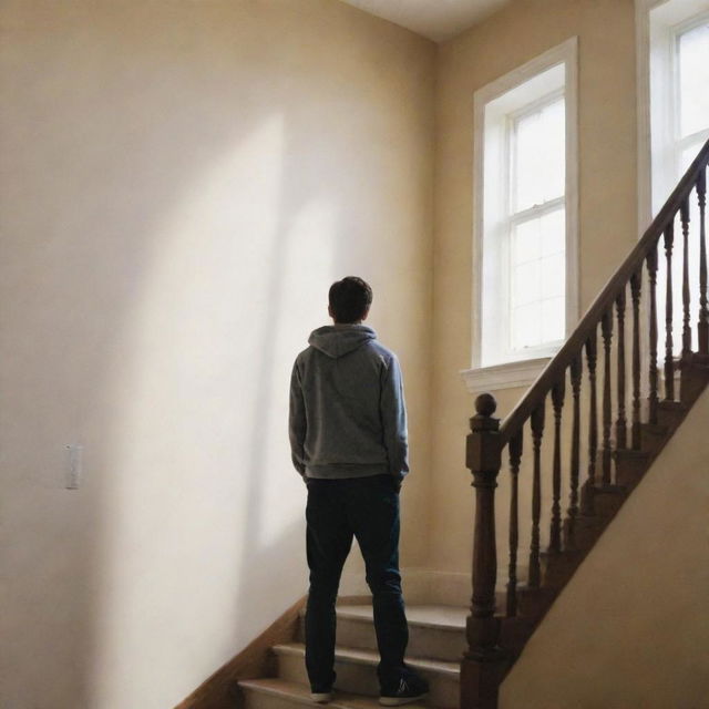 A college boy standing at the top of a staircase, missing his friends, with shadowy figures of his friends standing behind him.