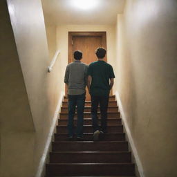 A college boy standing at the top of a staircase, missing his friends, with shadowy figures of his friends standing behind him.