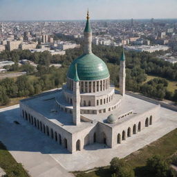 Design an image of a remarkable Soviet-style mosque, incorporating features of traditional Islamic architecture mingled with the distinctive angular, concrete aesthetics of Soviet structures.