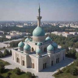 Design an image of a remarkable Soviet-style mosque, incorporating features of traditional Islamic architecture mingled with the distinctive angular, concrete aesthetics of Soviet structures.