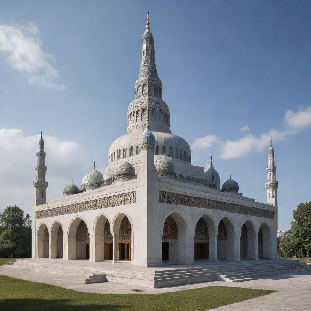 Design an image of a remarkable Soviet-style mosque, incorporating features of traditional Islamic architecture mingled with the distinctive angular, concrete aesthetics of Soviet structures.