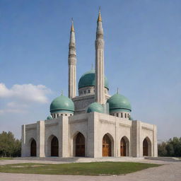 Design an image of a remarkable Soviet-style mosque, incorporating features of traditional Islamic architecture mingled with the distinctive angular, concrete aesthetics of Soviet structures.