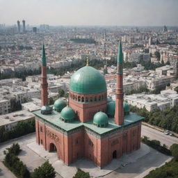 Craft an image as if taken by a cellphone camera, capturing a Soviet-era mosque with traditional Islamic architectural elements against the backdrop of an urban landscape.