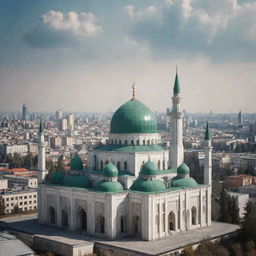 Craft an image as if taken by a cellphone camera, capturing a Soviet-era mosque with traditional Islamic architectural elements against the backdrop of an urban landscape.