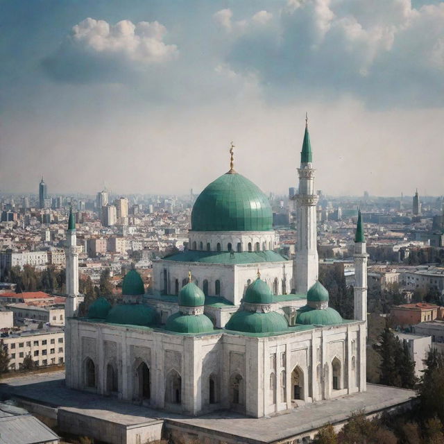 Craft an image as if taken by a cellphone camera, capturing a Soviet-era mosque with traditional Islamic architectural elements against the backdrop of an urban landscape.