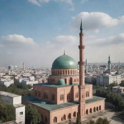 Craft an image as if taken by a cellphone camera, capturing a Soviet-era mosque with traditional Islamic architectural elements against the backdrop of an urban landscape.