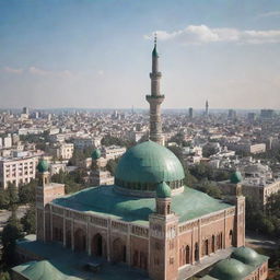 Craft an image as if taken by a cellphone camera, capturing a Soviet-era mosque with traditional Islamic architectural elements against the backdrop of an urban landscape.