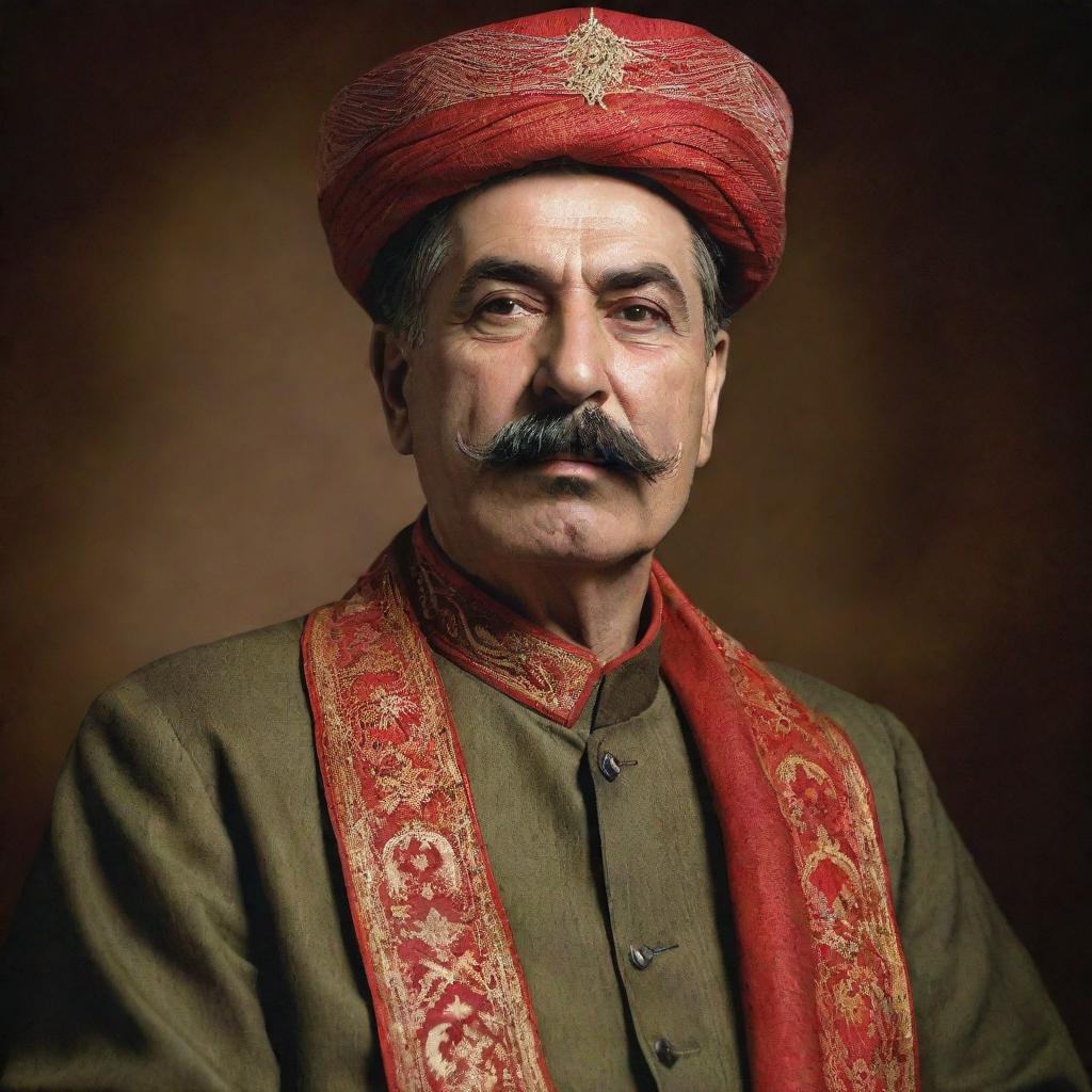 Generate a high-quality, insightful image of Joseph Stalin envisioned as a Sufi ascetic in traditional attire, lost in a state of spiritual ecstasy.