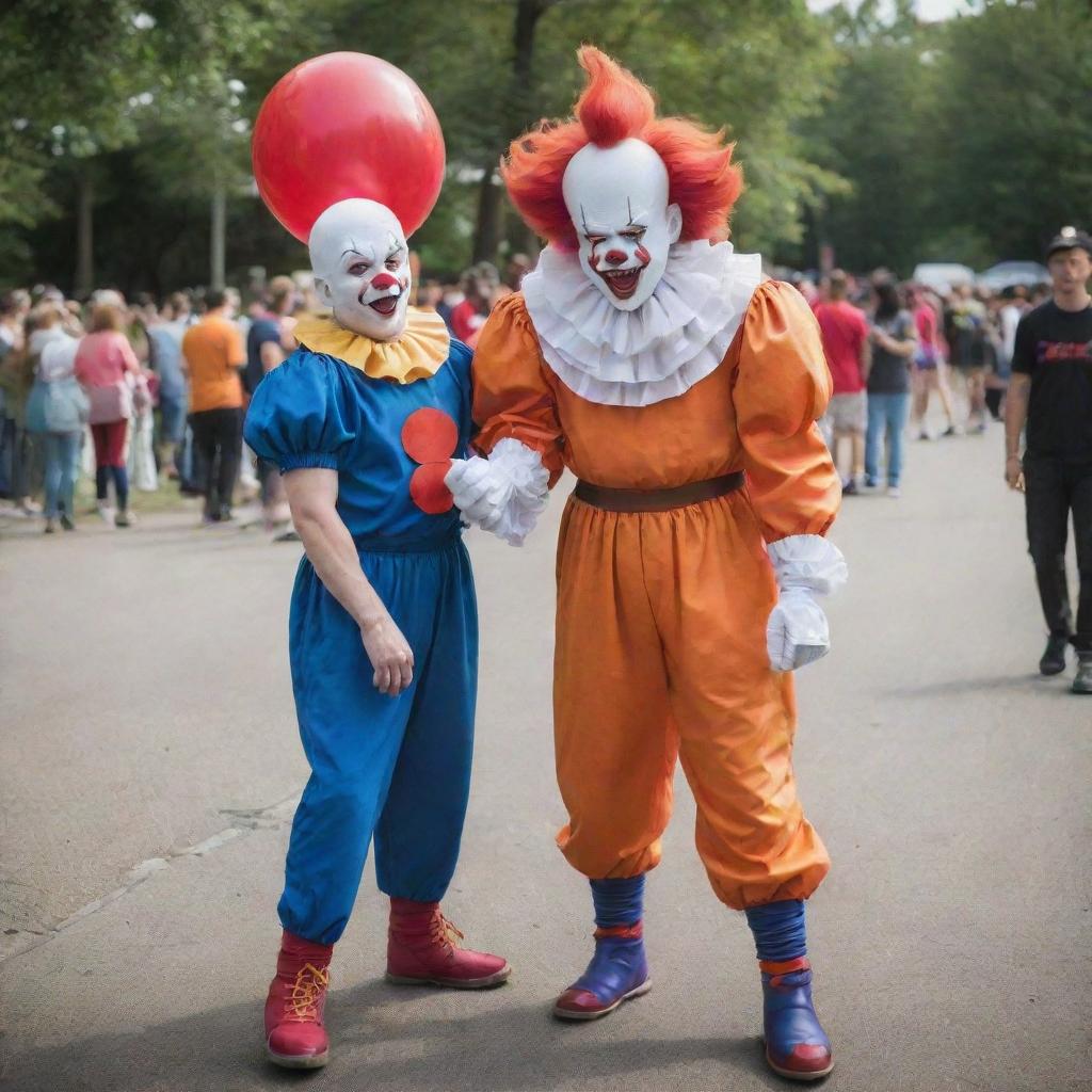 Goku from Dragon Ball Z heroically rescuing park goers from the fearsome Pennywise the Clown.