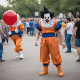 Goku from Dragon Ball Z heroically rescuing park goers from the fearsome Pennywise the Clown.