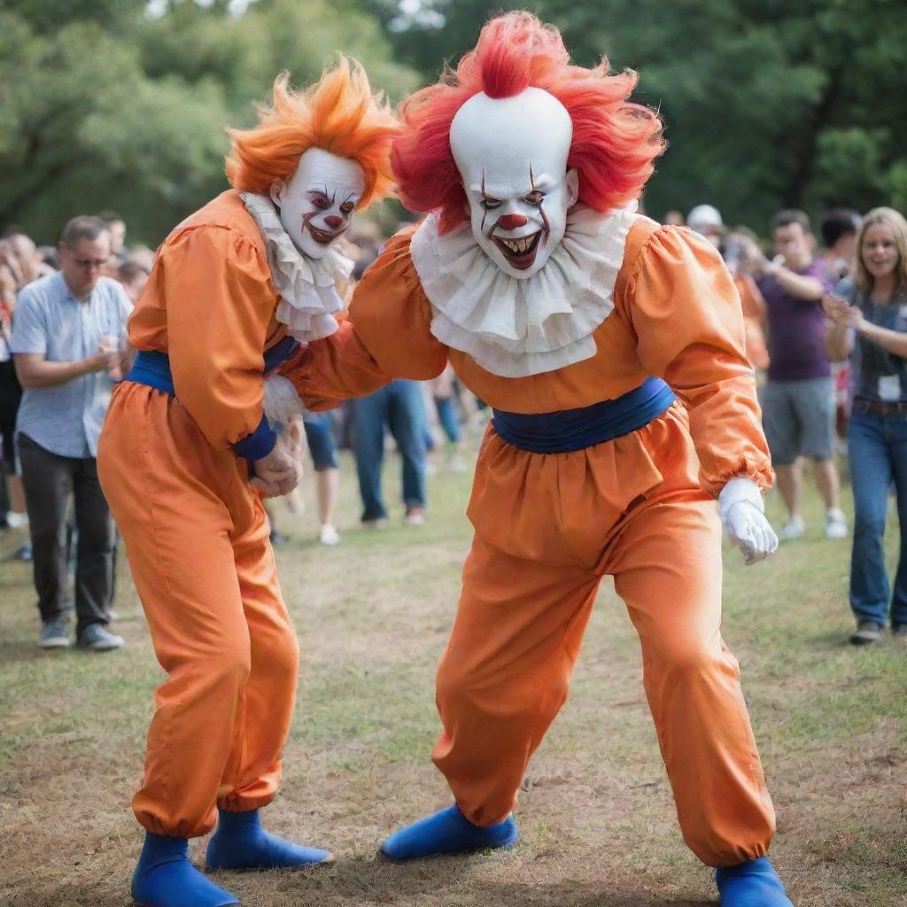 Goku from Dragon Ball Z heroically rescuing park goers from the fearsome Pennywise the Clown.