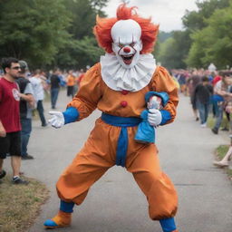 Goku from Dragon Ball Z heroically rescuing park goers from the fearsome Pennywise the Clown.