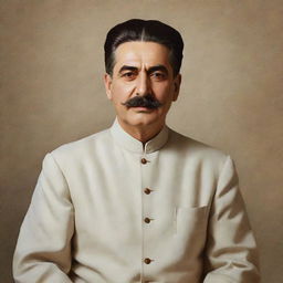 Depict a high-quality detailed image of Joseph Stalin styled as a humble Sufi sage, clad in simple traditional Sufi clothing, radiating serene tranquility.