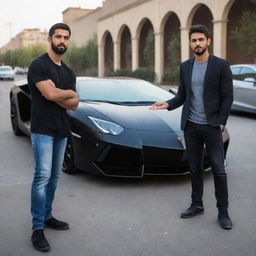 A young, muscular Iranian mullah appreciating a sleek Lamborghini Aventador parked nearby