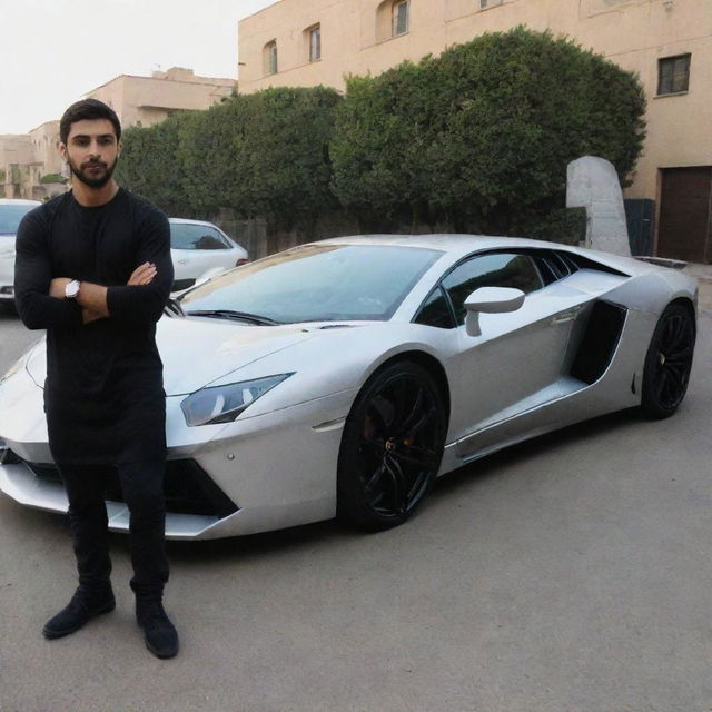 A young, muscular Iranian mullah appreciating a sleek Lamborghini Aventador parked nearby