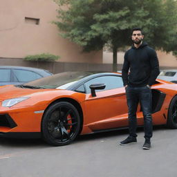 A young, muscular Iranian mullah appreciating a sleek Lamborghini Aventador parked nearby