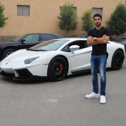 A young, muscular Iranian mullah appreciating a sleek Lamborghini Aventador parked nearby