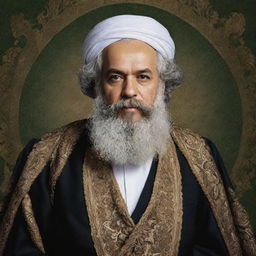 Produce a full body, high-quality image of Karl Marx portrayed as 'Imam Akbar' robed in intricate Islamic attire, radiating spiritual wisdom.