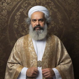 Produce a full body, high-quality image of Karl Marx portrayed as 'Imam Akbar' robed in intricate Islamic attire, radiating spiritual wisdom.