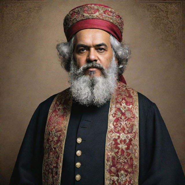 Produce a full body, high-quality image of Karl Marx portrayed as 'Imam Akbar' robed in intricate Islamic attire, radiating spiritual wisdom.