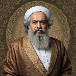 Produce a full body, high-quality image of Karl Marx portrayed as 'Imam Akbar' robed in intricate Islamic attire, radiating spiritual wisdom.