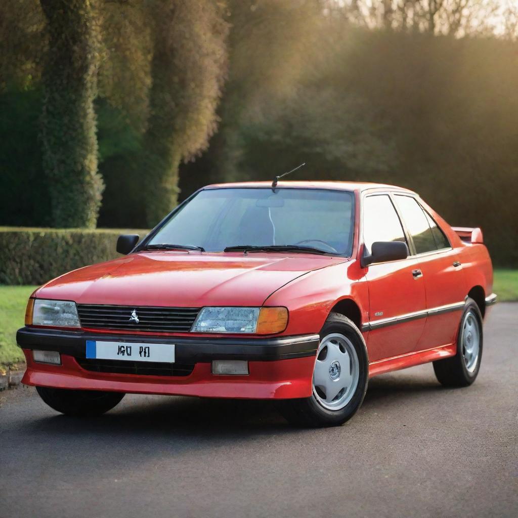 A vibrant, polished red Peugeot 405 T16 showcased from a three-quarter view, sunlight glinting off its sleek surface.