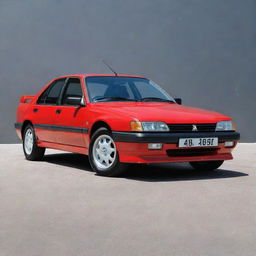 A vibrant, polished red Peugeot 405 T16 showcased from a three-quarter view, sunlight glinting off its sleek surface.