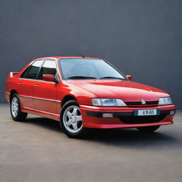 A vibrant, polished red Peugeot 405 T16 showcased from a three-quarter view, sunlight glinting off its sleek surface.