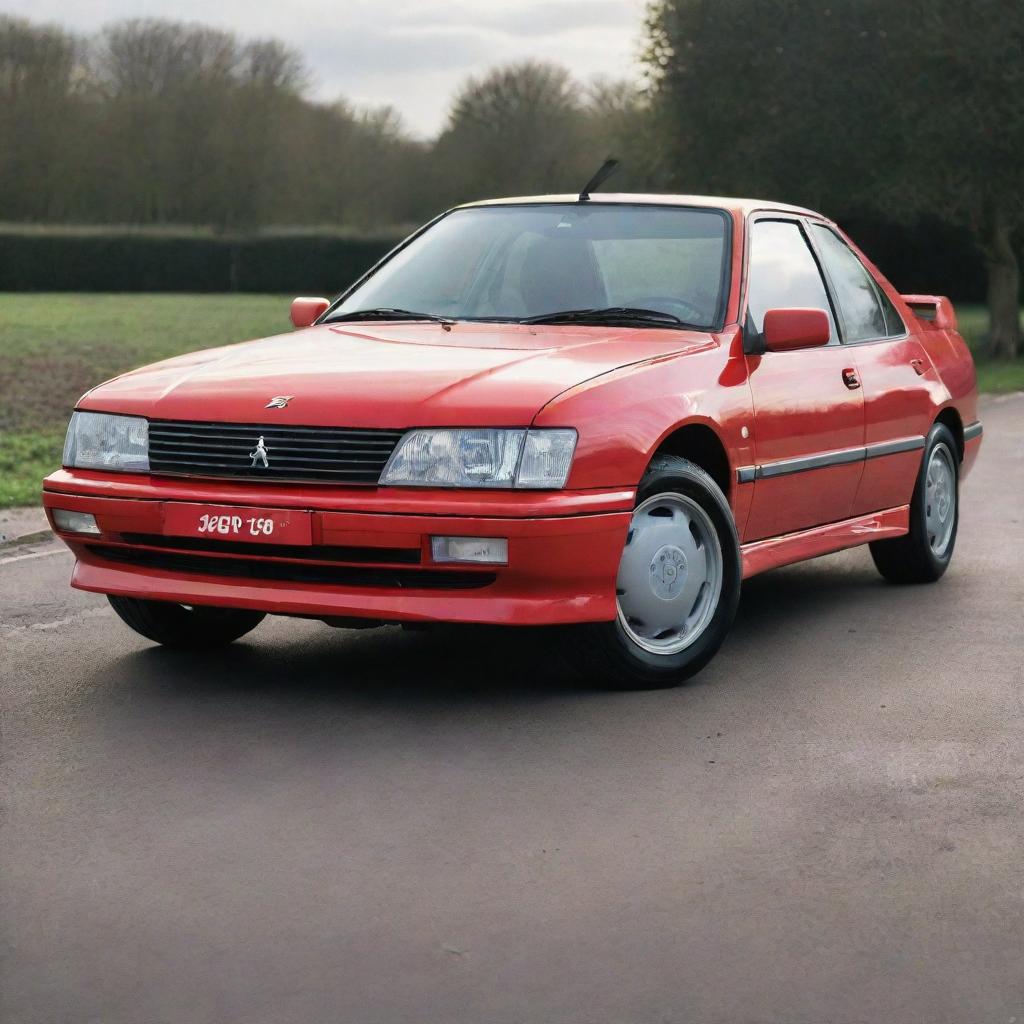 A vibrant, polished red Peugeot 405 T16 showcased from a three-quarter view, sunlight glinting off its sleek surface.