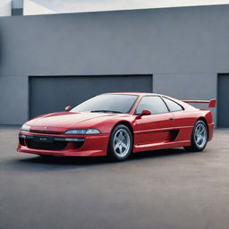 A sleek, shiny red Peugeot 405 T16, envisioned as a futuristic 2023 model, with advanced features, gleaming under bright sunlight.