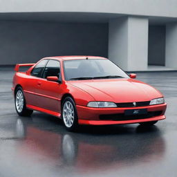 A sleek, shiny red Peugeot 405 T16, envisioned as a futuristic 2023 model, with advanced features, gleaming under bright sunlight.