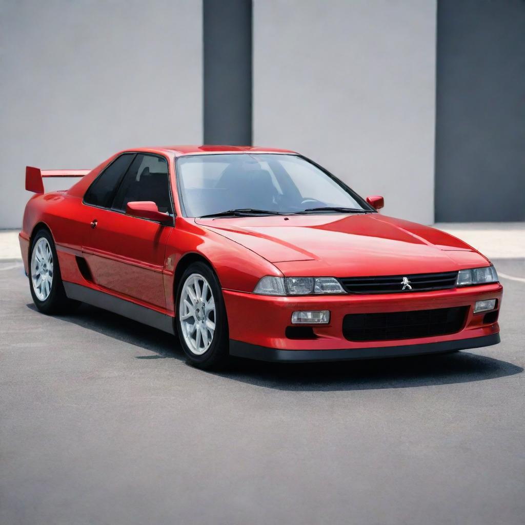 A sleek, shiny red Peugeot 405 T16, envisioned as a futuristic 2023 model, with advanced features, gleaming under bright sunlight.