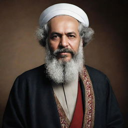 Create a high-resolution, full-body image of 'Imam Akbar' Karl Marx in traditional Islamic clothing, as if captured through a cellphone camera, displaying an air of spiritual solemnity.