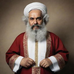 Create a high-resolution, full-body image of 'Imam Akbar' Karl Marx in traditional Islamic clothing, as if captured through a cellphone camera, displaying an air of spiritual solemnity.