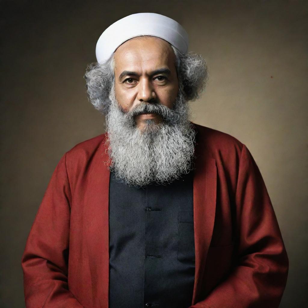 Create a high-resolution, full-body image of 'Imam Akbar' Karl Marx in traditional Islamic clothing, as if captured through a cellphone camera, displaying an air of spiritual solemnity.