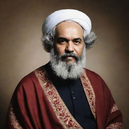 Create a high-resolution, full-body image of 'Imam Akbar' Karl Marx in traditional Islamic clothing, as if captured through a cellphone camera, displaying an air of spiritual solemnity.