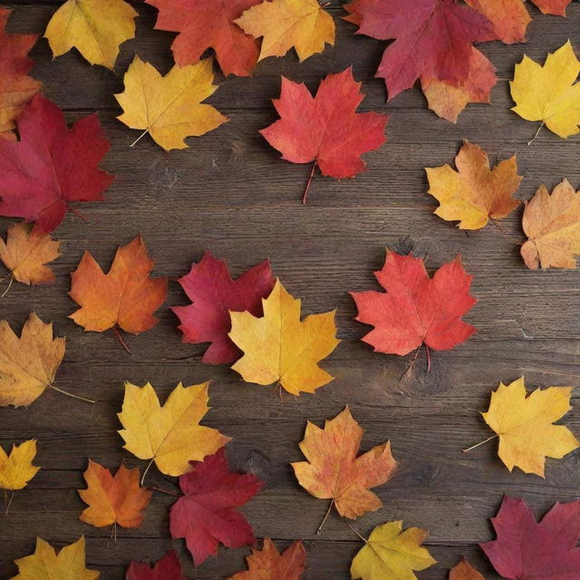 Vibrant, colorful fall leaves scattered on a rustic wooden background