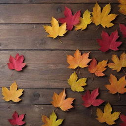 Vibrant, colorful fall leaves scattered on a rustic wooden background