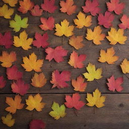 Vibrant, colorful fall leaves scattered on a rustic wooden background