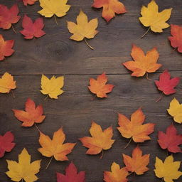 Vibrant, colorful fall leaves scattered on a rustic wooden background