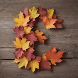 A number two crafted from vibrant fall leaves set against a rustic wooden background.