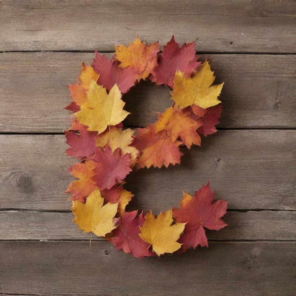 A number two crafted from vibrant fall leaves set against a rustic wooden background.