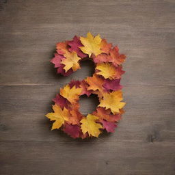 A number two crafted from vibrant fall leaves set against a rustic wooden background.