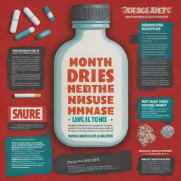 Design a visually impactful public service announcement poster highlighting the dangers of drug misuse. Let it be filled with strong symbolic elements, vivid colors and bold text