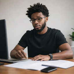 Illustrate a scene featuring a black football blogger immersed in writing