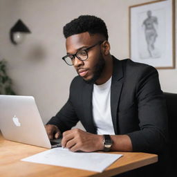 Illustrate a scene featuring a black football blogger immersed in writing