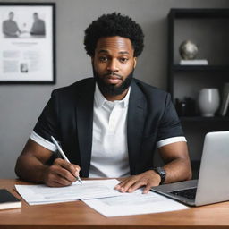 Illustrate a scene featuring a black football blogger immersed in writing